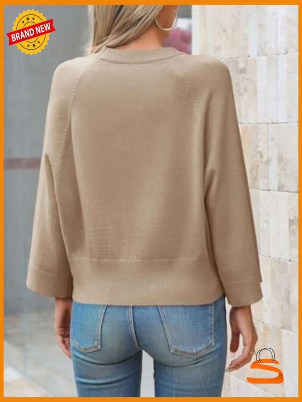 Womens Crew Neck Batwing Sweater 3/4 Sleeve Loose Fit Knit Pullover